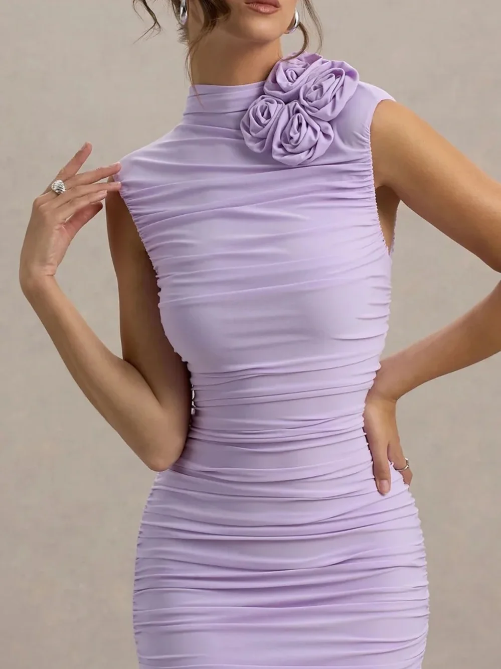 Club L London Bridget Lilac High-Neck Gathered Midi Dress With Floral